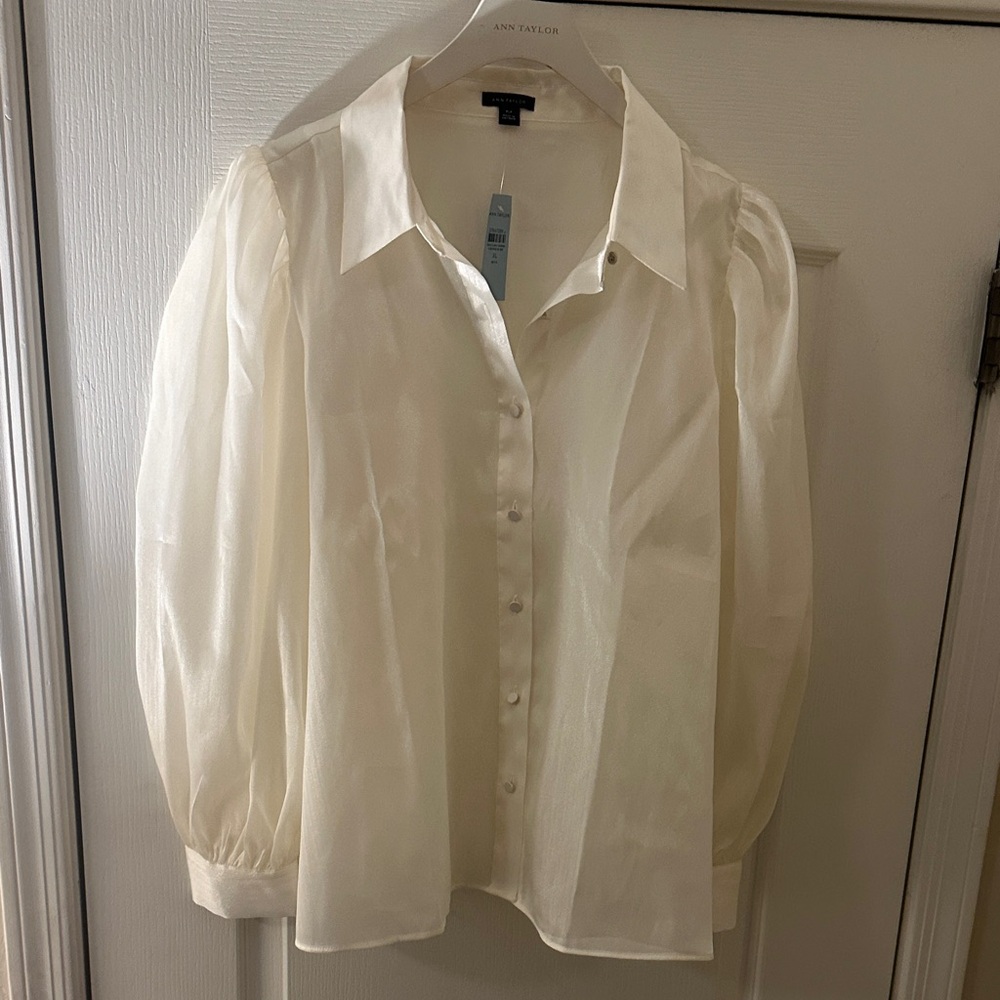 Ann Taylor Ivory Shimmer Button-Up Blouse